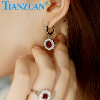 Anting-anting Ruby Buatan Laboratorium dengan Inclusion, Perak 925, Bunga Halo Moissanite, Anting-anting Hoop Gantung, Perhiasan Moissanite Wanita untuk Pernikahan