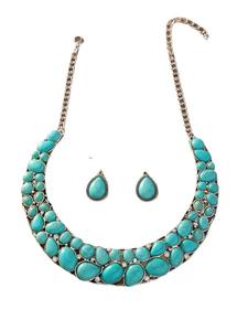 Ensemble collier et boucles d'oreilles en acier inoxydable et pierre turquoise, style bohème occidental ethnique vintage indien, nouvelle collection 2025, vente en gros - Product Image 5