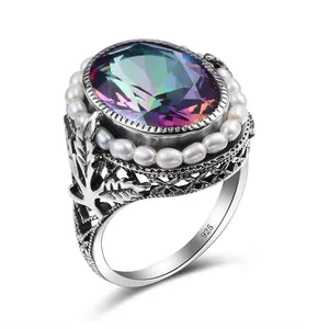 wholesale Vintage Maple Leaf Natural Pearl Rainbow Topaz silver ring women 925 sterling with natural stone
