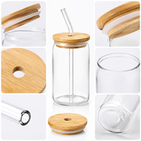 Gobelet en verre borosilicate personnalisé en gros avec logo, accessoires inclus (paille et couvercle en bambou) pour café