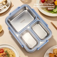 Boîte à lunch en acier inoxydable 304 à trois compartiments avec couvercle anti-accrochage, pour réfrigérateur, conservation des saveurs, capacité 800-1000 ml