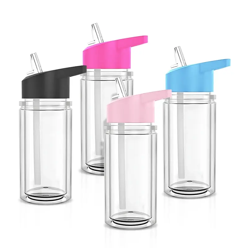 زجاجة مياه للأطفال خالية من مادة BPA سعة 10 أونصات أكواب بلاستيكية مزدوجة الجدار بشكل كرة الثلج من الأكريليك مزودة بماصة قابلة للطي ومشبك