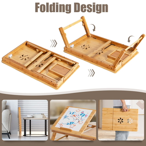 Dorm Room Adjustable Portable Foldable <b>Bamboo</b> Laptop <b>Table</b> Tray Stand with Drawer and Pen Holder - Product Image 3