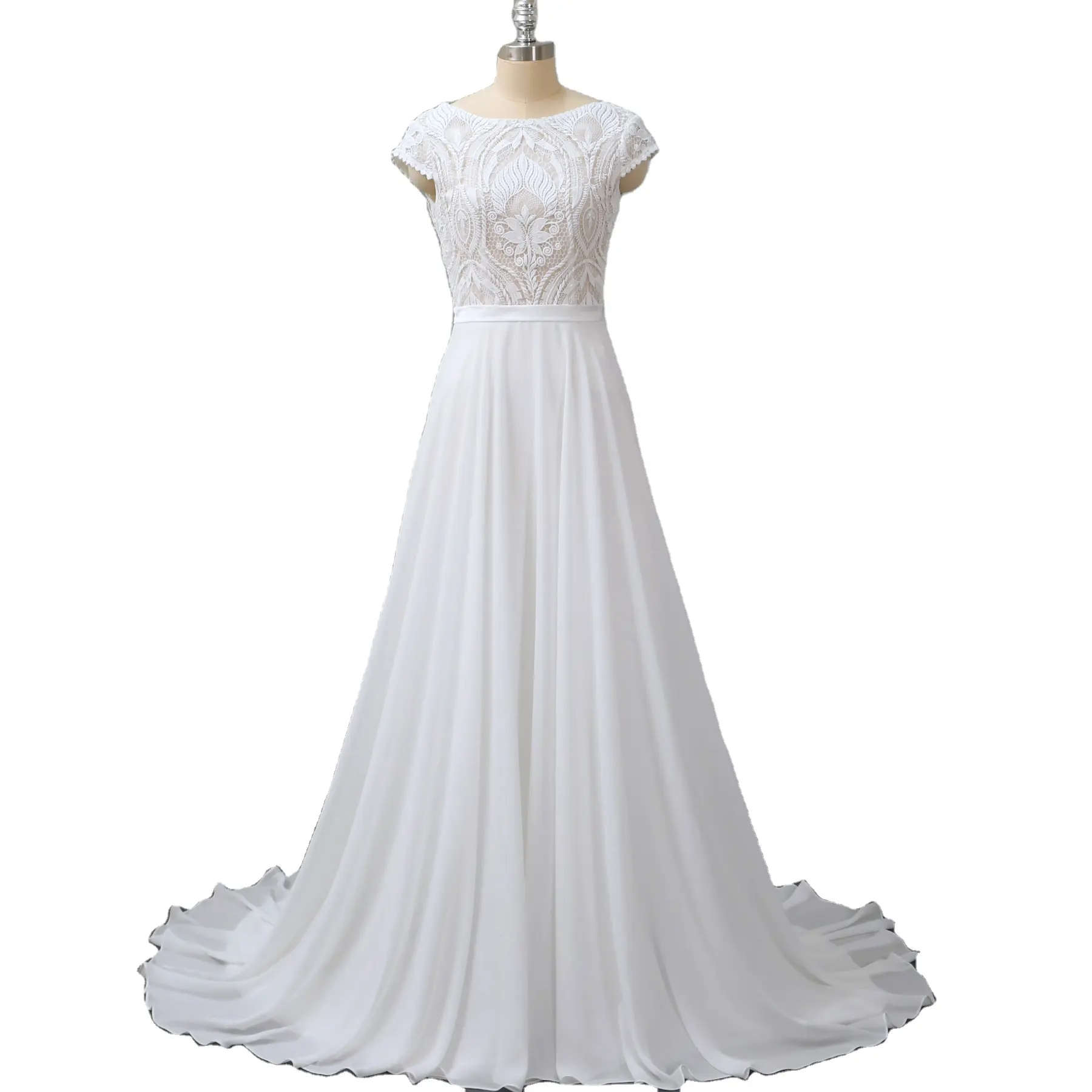 Cap sleeves Simple summer wedding dress with luxury lace