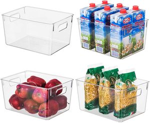Clear Plastic Storage Organizer Container Bins with Cutout Handles Cabinet Storage Bins for Kitchen Food Pantry Refrigerator