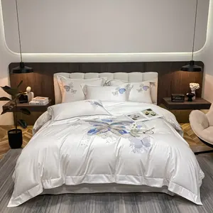 Groothandel 100% Katoenen Dekbed Witte Kleur Luxe Geborduurde Vlinder Vierdelige Beddengoed Sets Voor Thuisgebruik