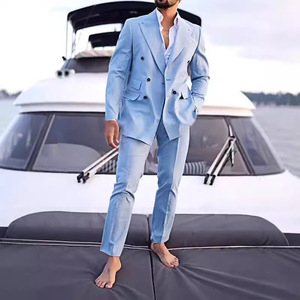 Nueva moda ciudad <span class=keywords><strong>azul</strong></span> <span class=keywords><strong>claro</strong></span> abrigo pantalón <span class=keywords><strong>traje</strong></span> de <span class=keywords><strong>hombre</strong></span> de algodón de doble botonadura <span class=keywords><strong>traje</strong></span> delgado de <span class=keywords><strong>hombre</strong></span> - Product Image 3