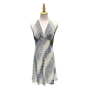 Vestido corto halter de seda lavada al agua azul marino con estampado de margaritas, estilo vacacional, para mujer, Midsummer Dream - Product Image 5