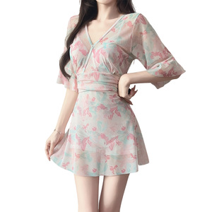 Traje de Baño de una Pieza de Chifón Floral para Mujer Yuliao, Cuello en V Profundo, Manga Corta, Transpirable, de Secado Rápido, para la Playa, Verano 2025 1 - Product Image 1