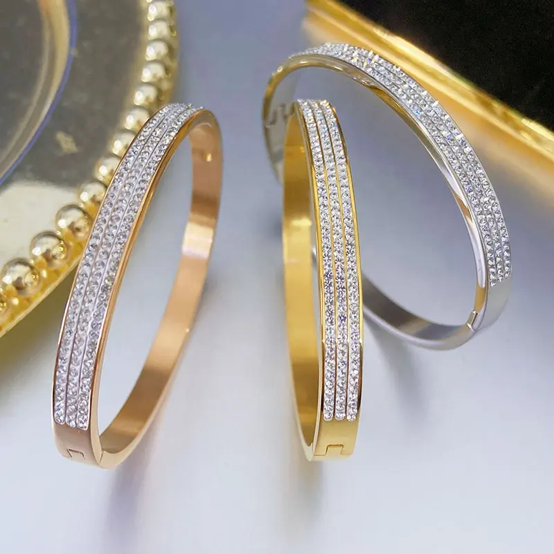 Gelang Mewah Penuh Berlian Kristal Berlian Imitasi Rose Gold Gelang Sederhana Baja Nirkarat Perhiasan Mode Wanita