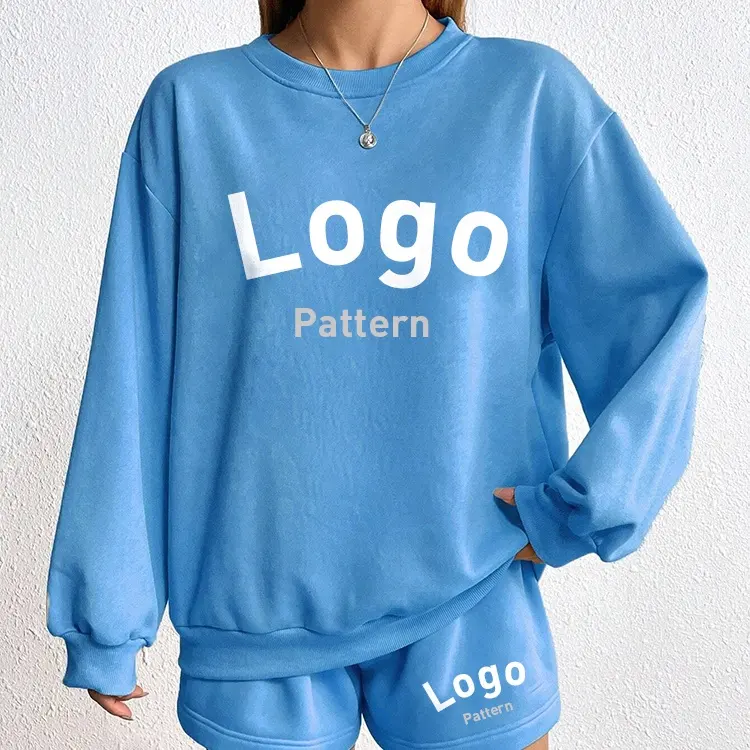 Custom Cropped Hoodie Women Short Long Sleeve 100% Cotton Hoodie Women's Letter Print Round Neck Sweatshirt And Shorts 2pcs Set