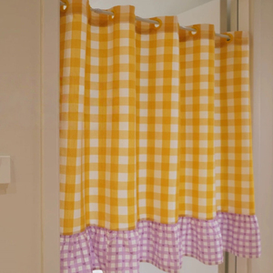 Tenda Corta Classica a Quadretti Gialli con Occhielli, Divisorio <span class=keywords><strong>per</strong></span> Cucina, Piccole <span class=keywords><strong>Tende</strong></span> con Orlo Inferiore Viola - Product Image 2