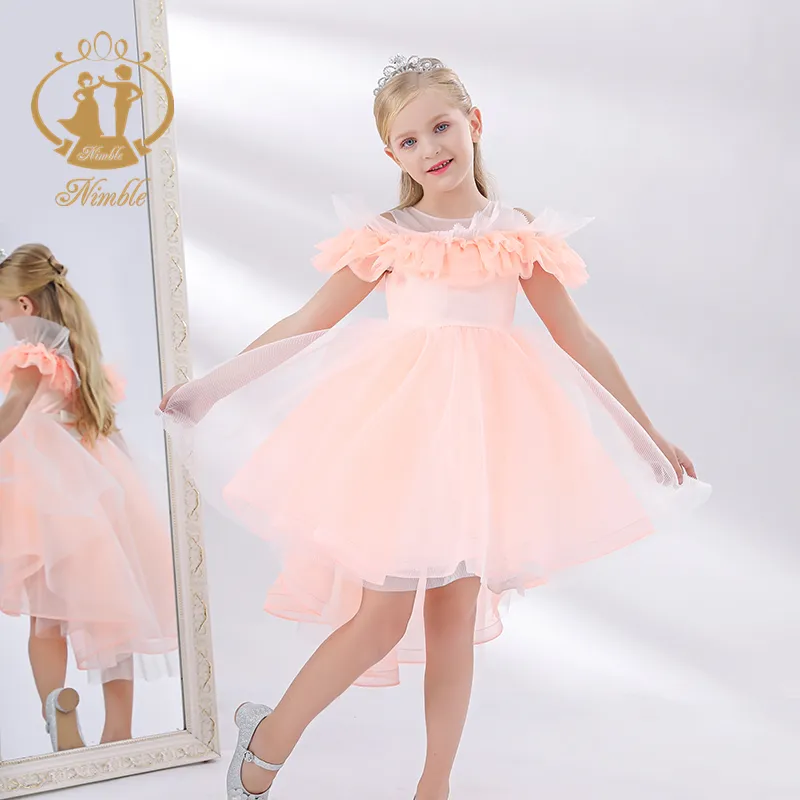 Nimble High Quality Orange Color Ruffles Baby Dress Kids Strapless Clothing Wholesale Beautiful Model Dresses