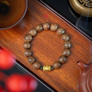 Bracelet en bois d'agar naturel semi-affleurant, perles rondes de 12 mm, mélangées à de l'or 24 carats, bijoux en bois de qualité supérieure Lu Thong - Product Image 2