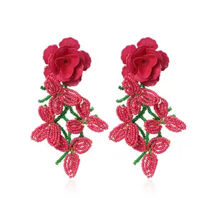 Trendy Red Big Flower Drop Earrings Fashion Tassel Rice Beads Earrings Fresh Brilliant Jewelry for Women