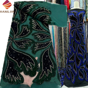 Tessuto di lusso in velluto verde 2025 ultimo Design nigeriano con paillettes perline ricamate in <span class=keywords><strong>Tulle</strong></span> tessuto pizzo <span class=keywords><strong>per</strong></span> festa abito da sposa - Product Image 1
