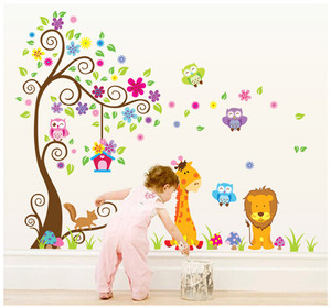 Colorato <span class=keywords><strong>Fiori</strong></span> E Foglie Verdi Albero Autoadesivo Della Parete Del Fumetto Animali di Carta <span class=keywords><strong>Da</strong></span> Parati soggiorno camera <span class=keywords><strong>Da</strong></span> Letto Della Parete Della Decorazione Della Casa Per Il Capretto decalcomania - Product Image 2