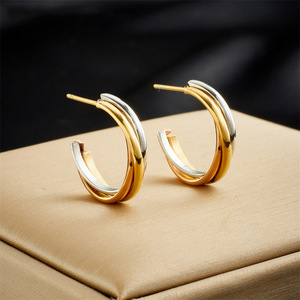 Geometric Hoop Earrings Gold Silver Two Tone Stainless Steel C Shape Fashion Jewelry For Women - Product Image 1
