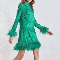 Mini robes à manches longues vertes pour femmes, doublure en A, OEM, personnalisé, entièrement imprimé, garniture en plumes, décontractées