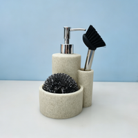 Distributeur de savon liquide 3-en-1 en résine texturée effet grès pour cuisine, support pour brosse à vaisselle et organiseur de rangement