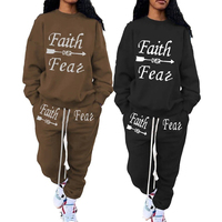 Ensemble de survêtement streetwear pour femme, imprimé 'Faith Over Fear', 2 pièces, sweat-shirt à col rond et pantalon de jogging à cordon de serrage personnalisé, tenue décontractée