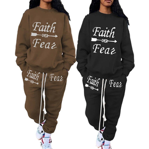 Conjunto Deportivo de <span class=keywords><strong>2</strong></span> Piezas para Mujer, Estilo Urbano, con Estampado 'Faith Over <span class=keywords><strong>Fear</strong></span>', Sudadera de Cuello Redondo y Pantalones Deportivos con Cordón Ajustable, Atuendo Informal - Product Image 1