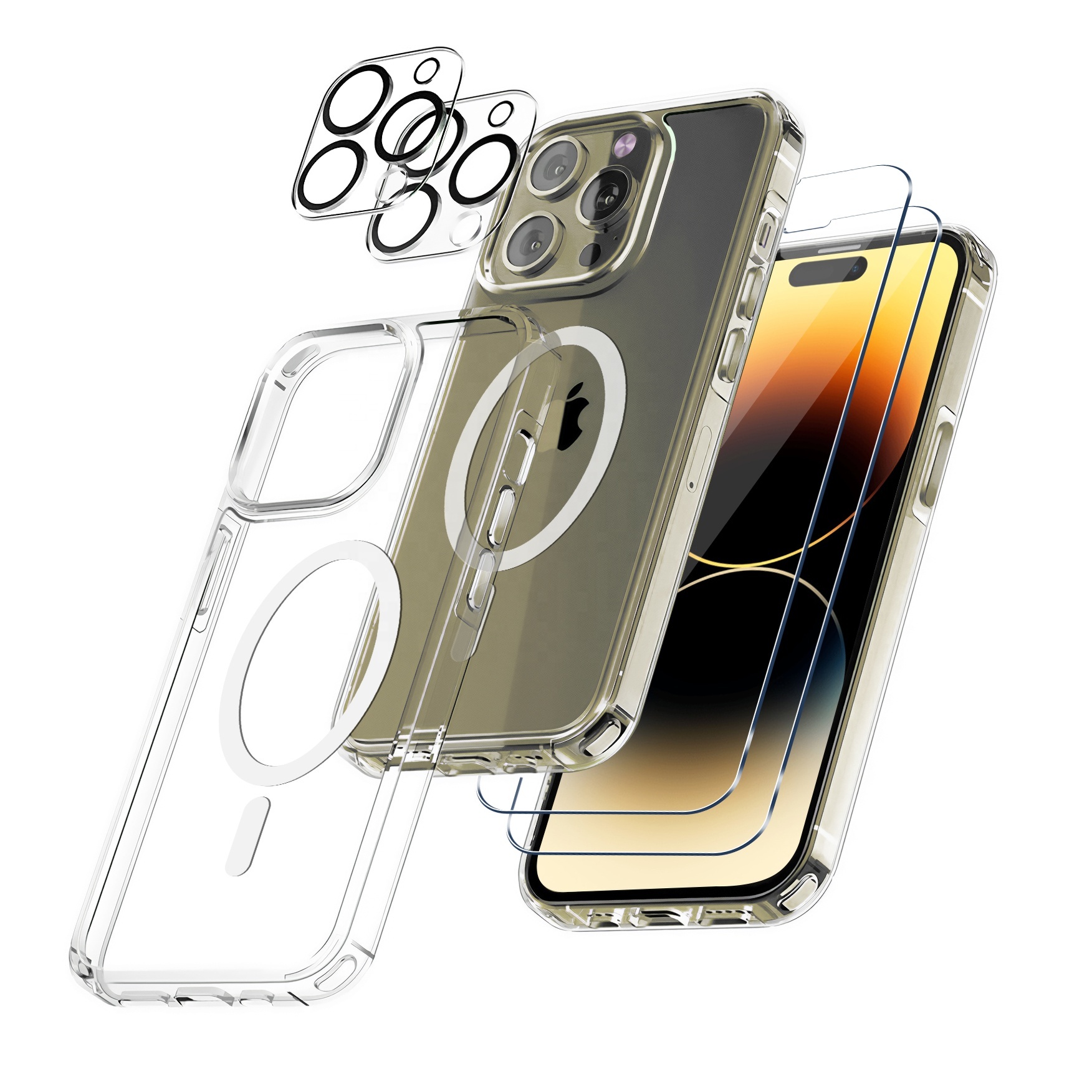 Чехол 5 в 1 для iPhone 14 pro max, 1 комплект с 2 защитными линзами + 2 Защитные пленки 9H + Магнитный чехол