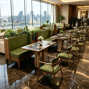Mesa de Comedor con Marco de Madera Sólida Natural y Acabado Mate Oscuro, Silla con Respaldo Acolchado en Tela Verde Oliva, Muebles de Estilo Botánico para Cafetería, Venta al Por Mayor - Product Image 2