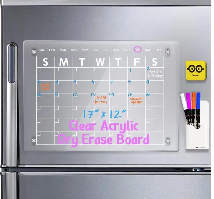 Calendário acrílico magnético da geladeira, 17 "* 12" personalizado, apagar magnético da geladeira, calendário acrílico magnético