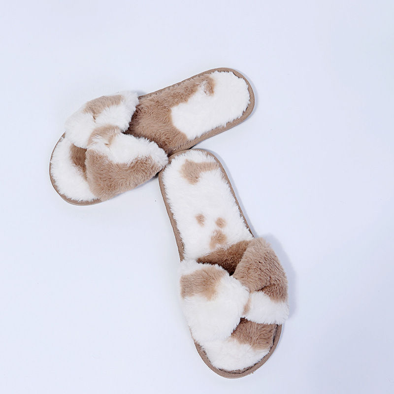 Fashion Furry Slippers Women Flat Bottom Outdoor Bow Plush Slippers Sandals