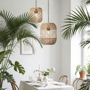 Rattan Inspired Chandelier Round E27 <b>LED</b> Pendant <b>Light</b> <b>For</b> Dining <b>Room</b> Living <b>Room</b> Teahouse Style With Easy Installation - Product Image 1