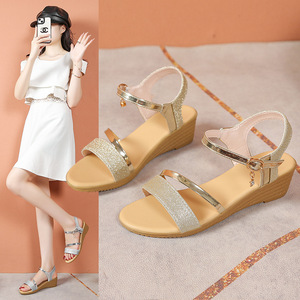 Women Sequin Color Block European and American Wedge <b>Sandals</b> Summer New Open-Toe Buckle <b>Sandals</b> Wholesale - Product Image 1