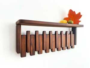 Perchero de Madera Maciza con Estante, Ganchos para Abrigos Montados en la Pared, Color Nogal, Estante Flotante Rústico para la Entrada, Decoración Otoñal - Product Image 3