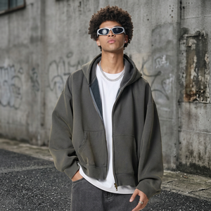 Sweat-shirt à capuche zippé surdimensionné pour homme, couleur unie, en polaire, décontracté, pour l'automne, coupe classique, manches longues - Product Image 3
