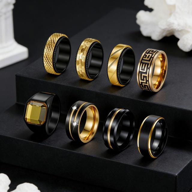 2026 European American Electroplating 18K Gold Plated Stainless Steel Men's Ring Black Golden New Rings Jewelry