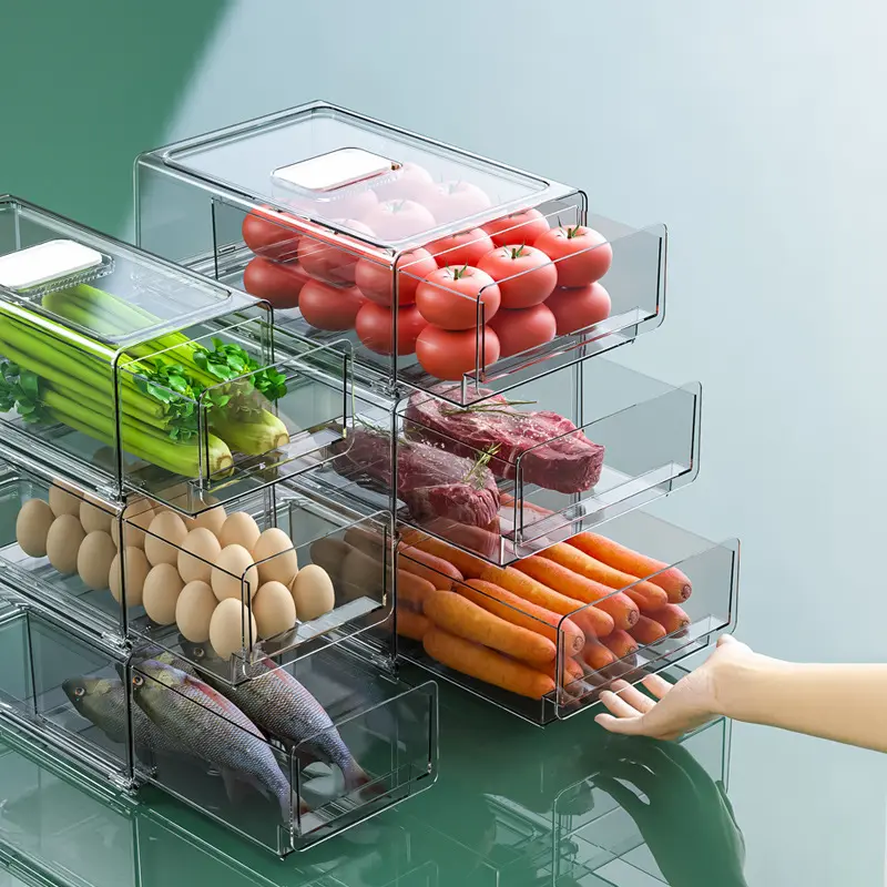 Transparent Plastic Fridge Organizer for Kitchen Vegetable Food Drawer Stackable Refrigerator Storage Box Freezer Bin