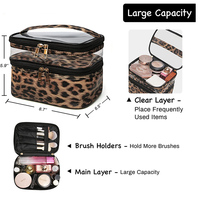 Sac de maquillage professionnel personnalisé à imprimé léopard, double couche, en PVC transparent et PU, trousse de toilette, organiseur de cosmétiques de voyage