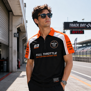Polo de manga corta para equipo de carreras, con bloques de color y gráfico personalizado de Full Throttle, para fanáticos del automovilismo. - Product Image 1