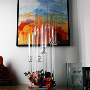 Venta al por mayor de candelabros altos transparentes de cristal de 9 brazos, portavelas de cristal personalizado para Decoración de mesa de boda - Product Image 6