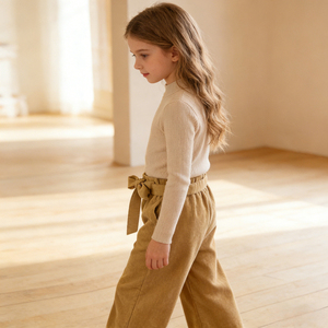 Celana Panjang Anak Perempuan Warna Khaki Model Kaki Lebar Bahan Corduroy dengan Sabuk Produsen Cina Grosir Celana Jogging Anak Katun - Product Image 4