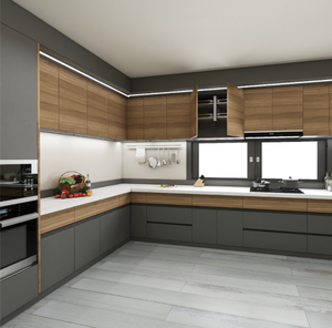 Ensemble <span class=keywords><strong>de</strong></span> meubles <span class=keywords><strong>de</strong></span> cuisine modernes et minimalistes gris et imitation bois avec îlot, éclairage LED et tabourets <span class=keywords><strong>de</strong></span> <span class=keywords><strong>bar</strong></span>, meubles <span class=keywords><strong>de</strong></span> cuisine sur mesure <span class=keywords><strong>de</strong></span> luxe - Product Image 4