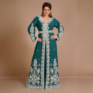Awais House Women's Maroon Embroidered Polyester Organza Modest Floor-Length Abaya Beading Sheer Layer Full Sleeve Sweetheart - Product Image 1
