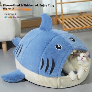 Lindo tiburón gato agujero cama cuatro estaciones engrosada invierno cálido nido extraíble mascota suministro accesorio hecho fieltro Animal animales pequeños - Product Image 3