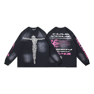Camiseta de Manga Larga de Algodón Puro, Estampada, Lavada y Desgastada, Estilo Urbano de Hell Star Fashion, Transpirable, para <span class=keywords><strong>Comercio</strong></span> Exterior - Product Image 4