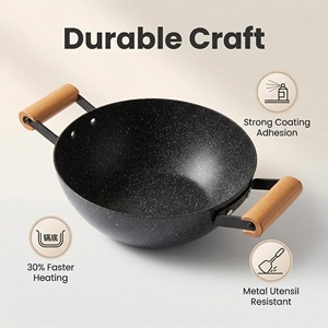 <span class=keywords><strong>Wok</strong></span> chinois en aluminium avec revêtement en marbre antiadhésif, double poignée ergonomique en bois, 18L, compatible induction, gaz et four, pour les repas en famille, la cuisine en camping - Product Image 1