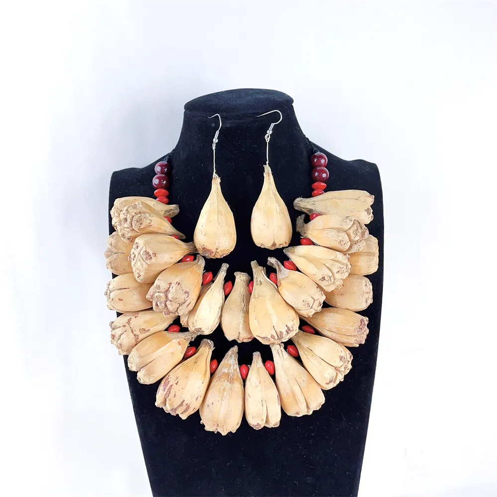 Ethnic Samoan Lady Women's Natural Ula Fala Leis Necklace w Earrings Set Lopa Seeds for Party Anniversary Gift