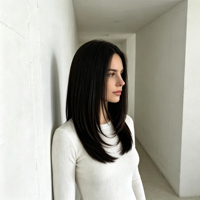 Perruque lisse et bouclée couleur thé noir, fabriquée avec des fibres lisses anti-frisottis, idéale pour le coiffage quotidien.