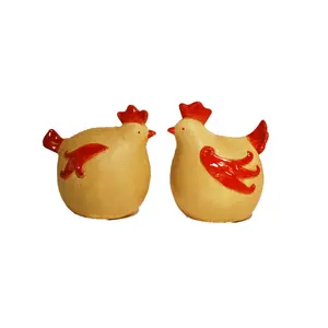 Custom Ceramic Rooster Hen Animal Figurine Yellow with Red Color Matt Glaze Wholesale gifts and crafts