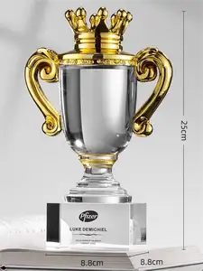 Troféu de cristal de design elegante personalizado por atacado, placa de vidro em branco para lembrancinhas, troféu artesanal com alças e base de metal