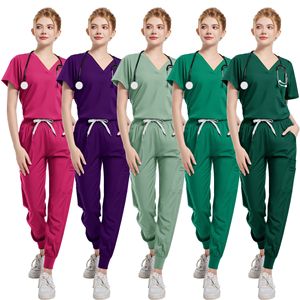 Hospital Nurse Uniforms Split <b>Set</b> Moisture Wicking Women Elastic Fit <b>Scrubs</b> Pants V Neck Top With Label - Product Image 1